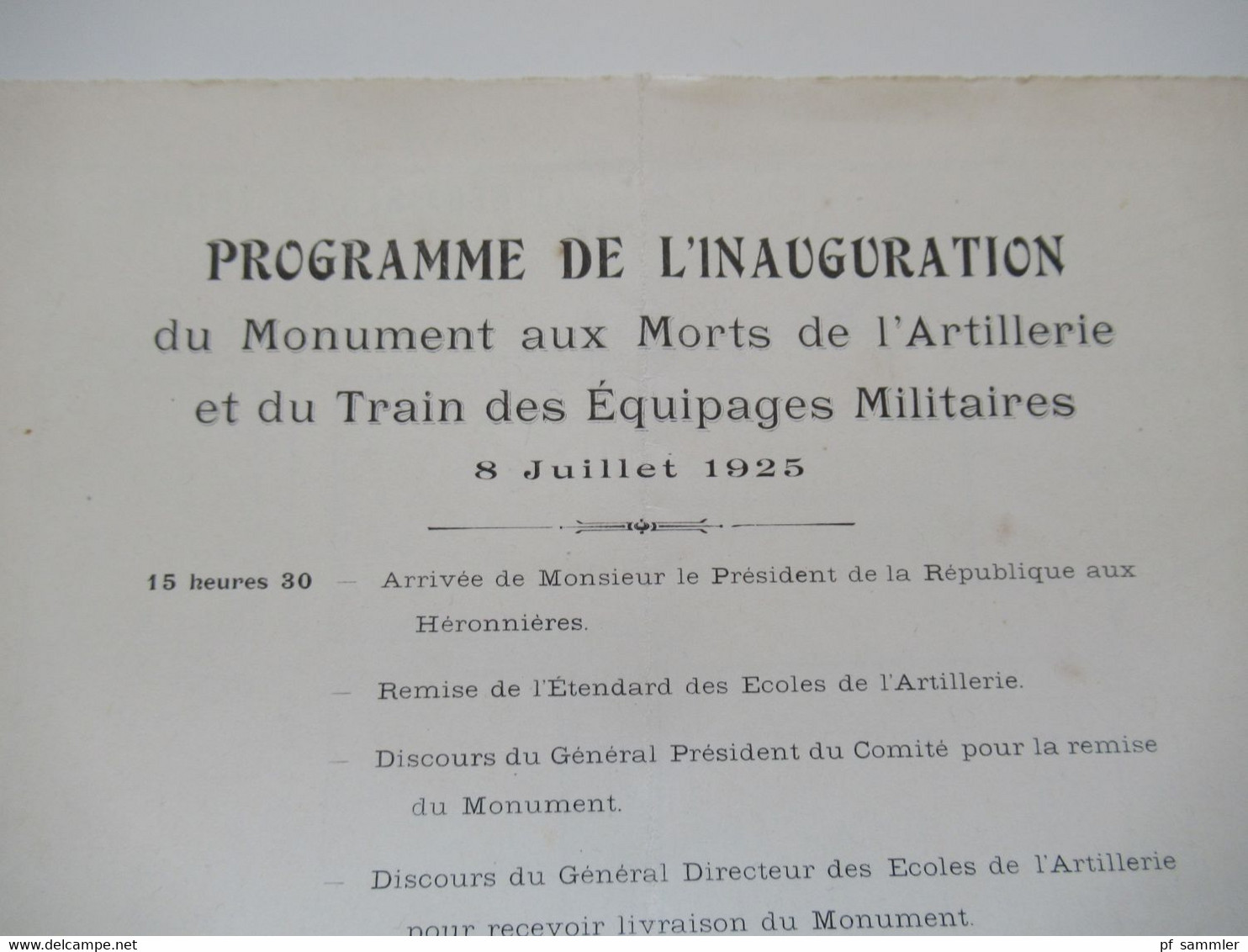 Einladung U. Programme Inauguration Monument Aux Morts De L'Artillerie Et Du Train Des Equipages Militaires 1925 - Briefe U. Dokumente