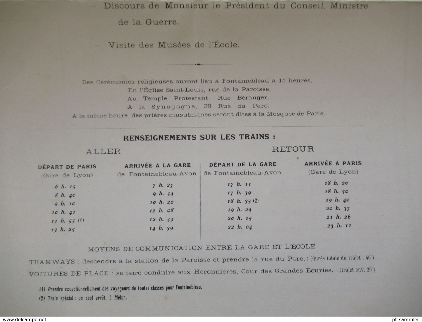 Einladung U. Programme Inauguration Monument Aux Morts De L'Artillerie Et Du Train Des Equipages Militaires 1925 - Briefe U. Dokumente