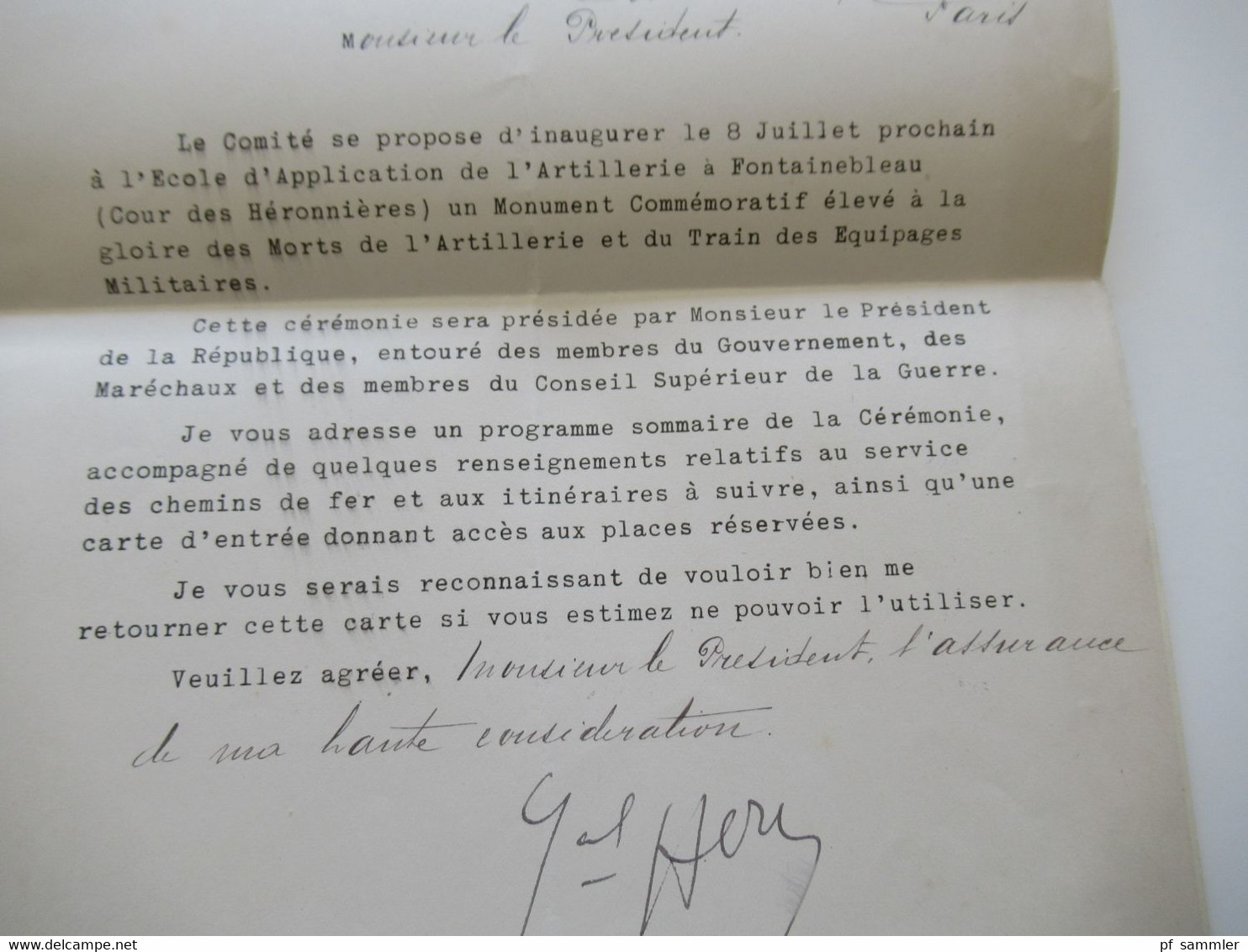 Einladung u. Programme Inauguration Monument aux Morts de l'Artillerie et du Train des Equipages Militaires 1925