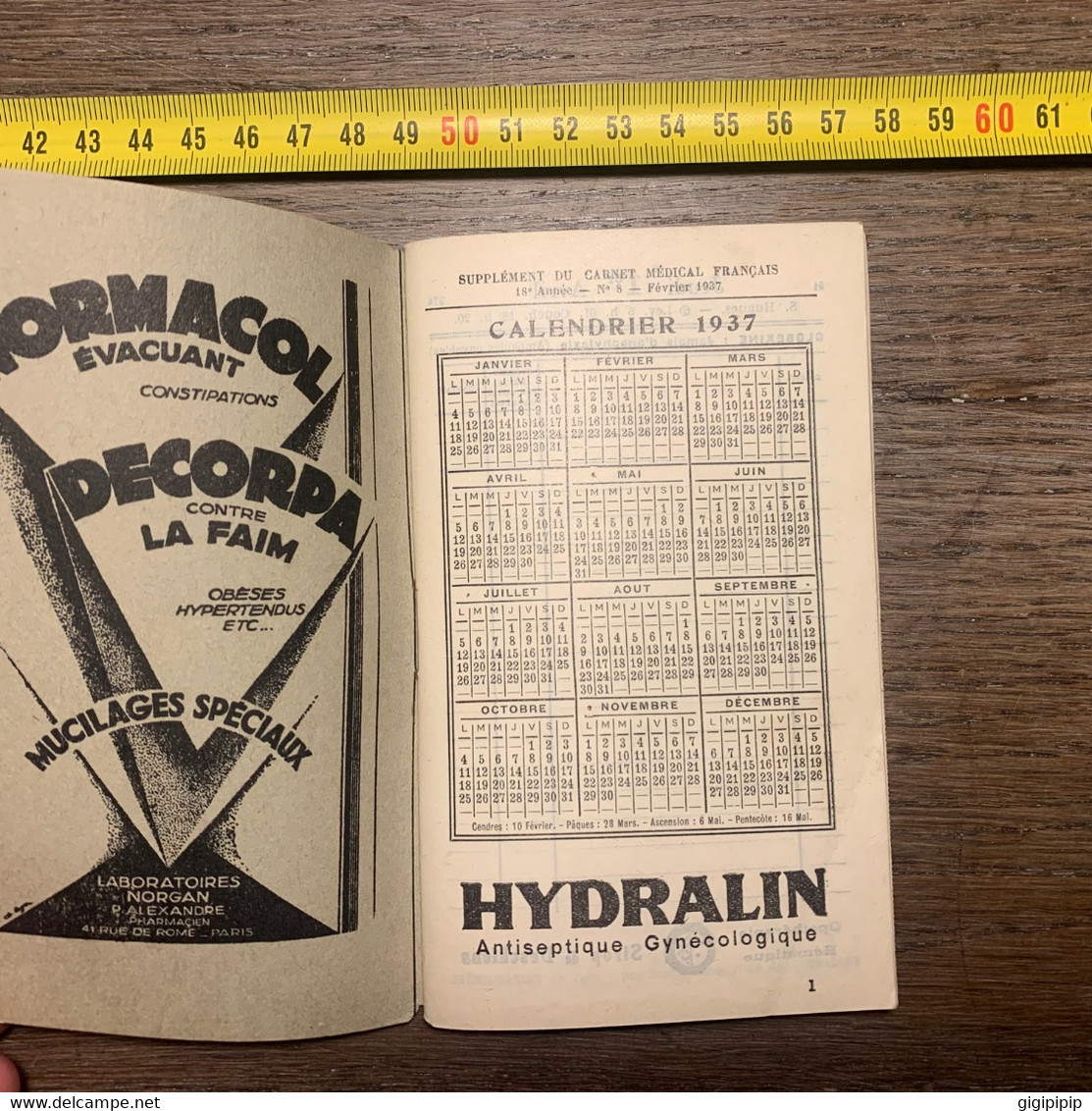 Calendrier Agenda ESTOMAC SEL DE HUNT Avril  SUPPLÉMENT DU CARNET MÉDICAL FRANCAIS 1937 - Grand Format : 1921-40