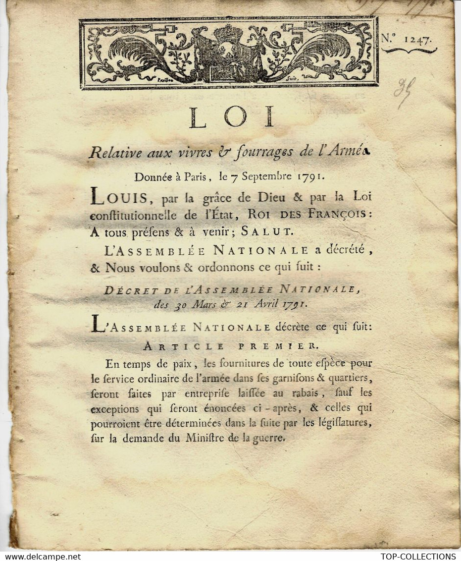 REVOLUTION PAIX ET GUERRE 1791 LOI RELATIVE AUX VIVRES ET FOURRAGES DE L ARMEE B.E.VOIR SCANS - Wetten & Decreten