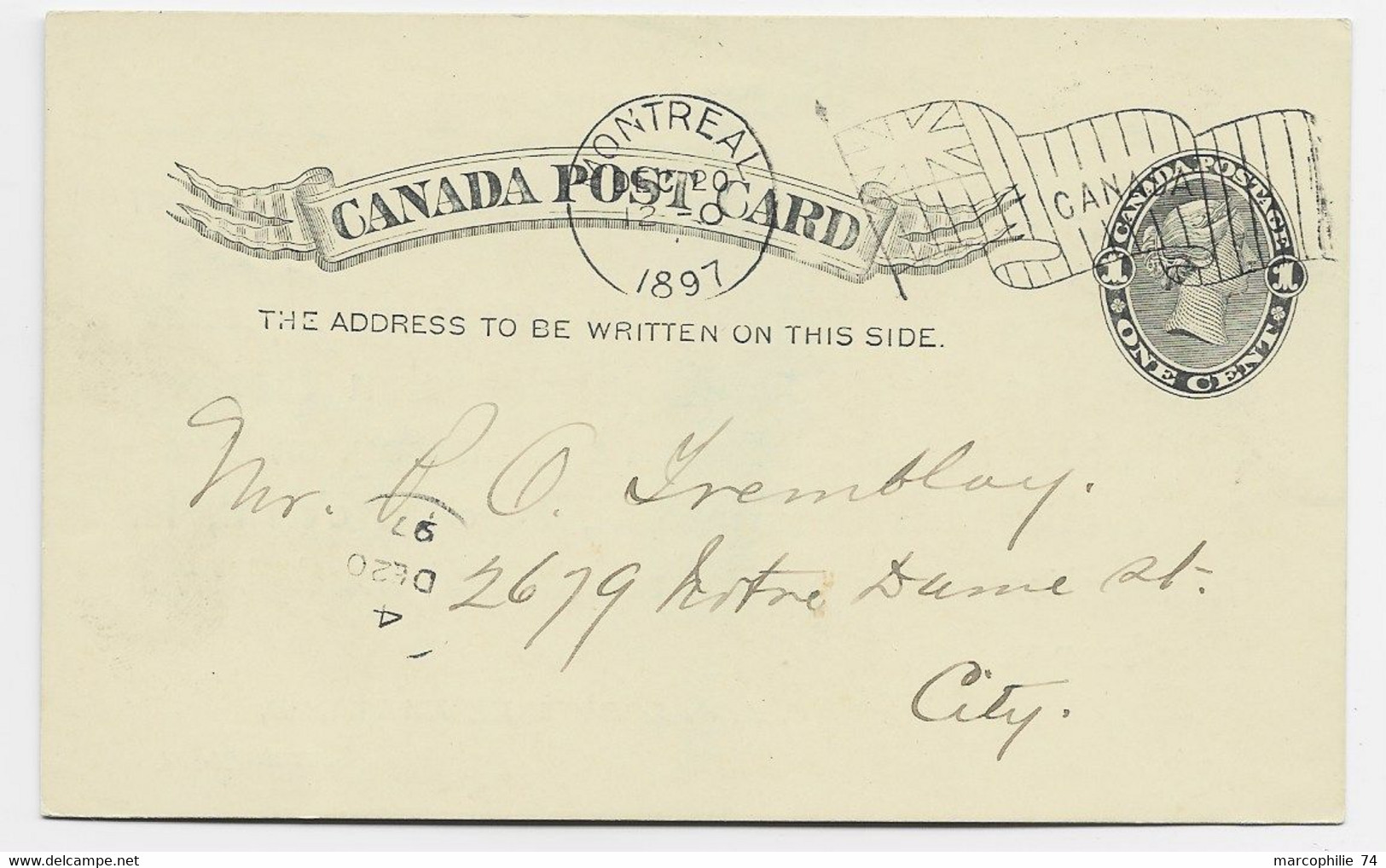 CANADA 1C ENTIER POST CARD MEC DRAPEAU MONTREAL 1897 REPIQUAGE CHATEAU DE RAMEZAY - 1860-1899 Règne De Victoria