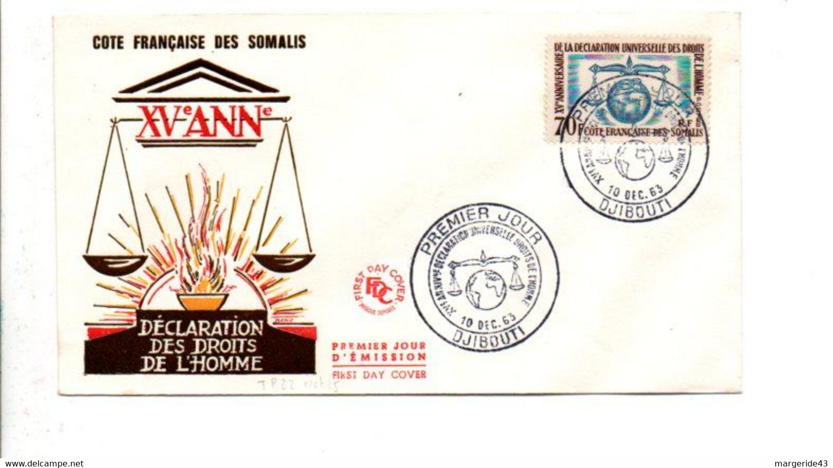 COTE DES SOMALIS FDC 1963 DROITS DE L'HOMME - Brieven En Documenten