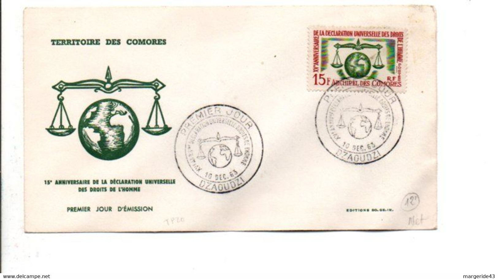 COMORES FDC 1963 DROITS DE L'HOMME - Storia Postale