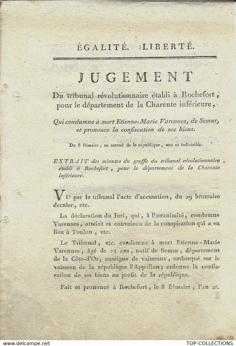 1793 REVOLUTION  JUGEMENT DU TRIBUNAL CONDAMNATION A MORT ETIENNE MARIE VARENNES ENSEIGNE DE VAISSEAU 24 ANS - Historical Documents