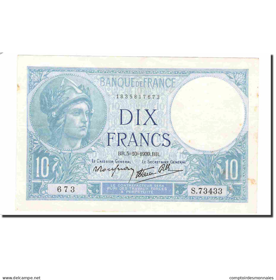 France, 10 Francs, Minerve, 1939, 1939-10-05, SUP, Fayette:07.10, KM:84 - 10 F 1916-1942 ''Minerve''