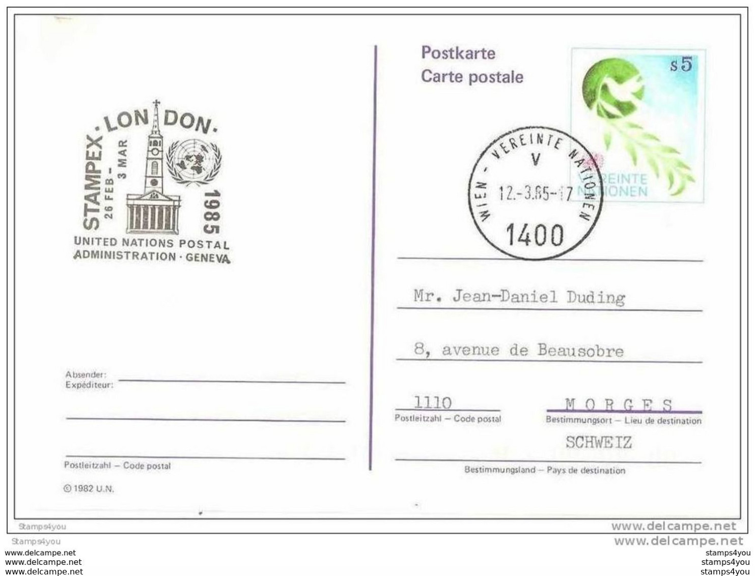 248 - 50 - Entier Postal Nations Unies Vienne Cachet Spécial Stampex 1985 London - Cartas & Documentos