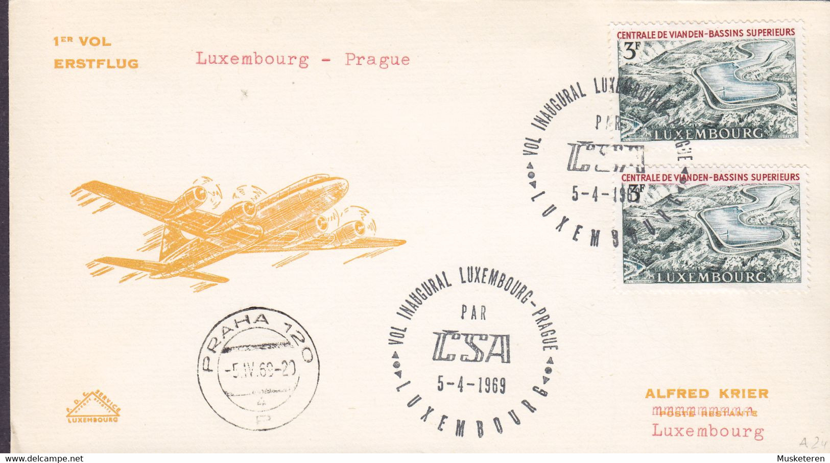 Luxembourg CSA First Flight Premier Vol LUXEMBOURG - PRAGUE, LUXEMBOURG 1969 Cover Brief Lettre - Brieven En Documenten