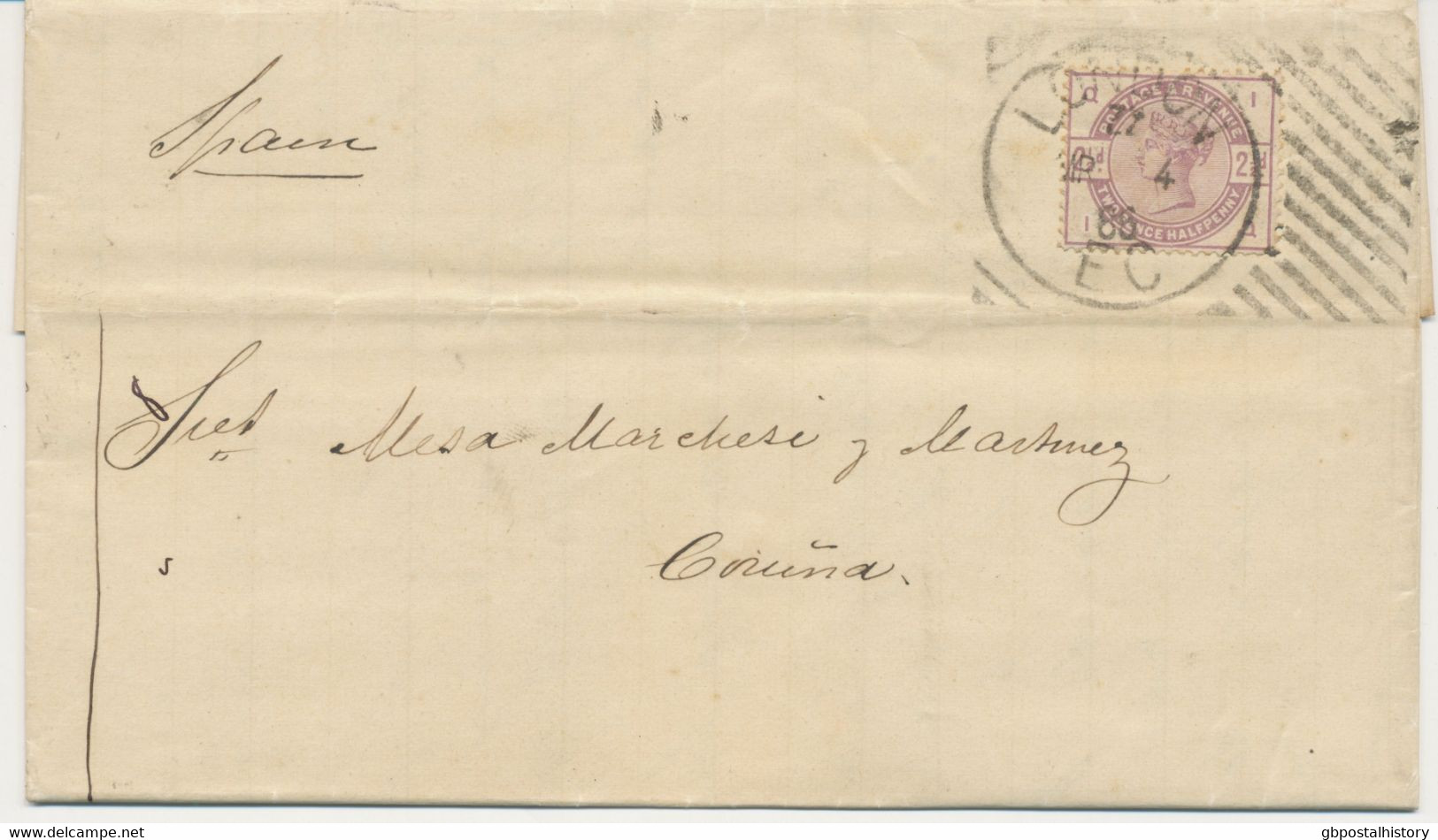 GB „LONDON / EC“ Scarce Experimental Hoster Postmark On Superb Entire With QV 2 ½d Lilac To SPAIN, R! - Storia Postale