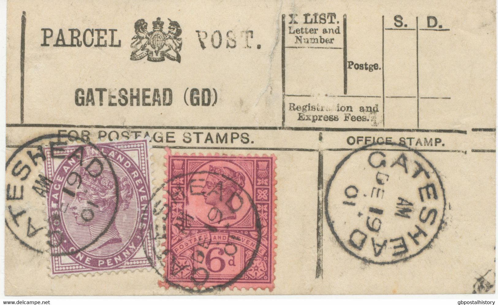 GB „GATESHEAD“ Superb Thimble (21mm) On VF Parcel Post Label (repaired At Top Before X LIST) Franked With QV 1d And 6d - Lettres & Documents