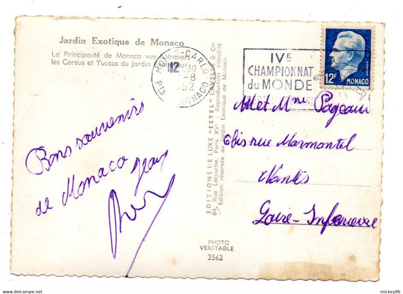 MONACO-1952-Vue à Travers Les Cereus Et Yuccas Du Jardin  .. Timbre...cachet  " 4ème Championnat Du Monde De Pétanque  " - Jardin Exotique