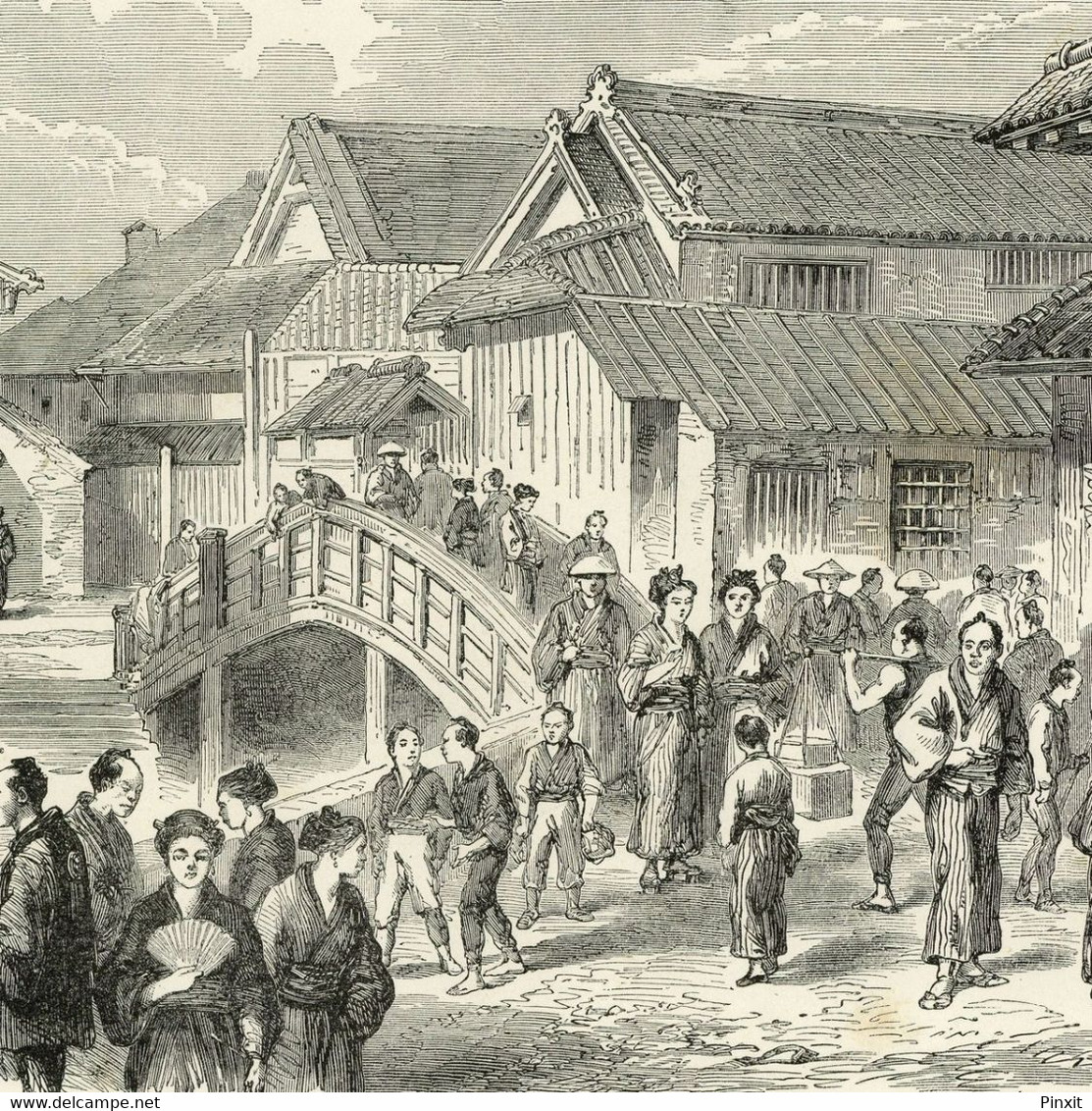 Japon Port De Oraka Osaka Honshu Scène Animée - Gravure Originale XIXe - Estampes & Gravures