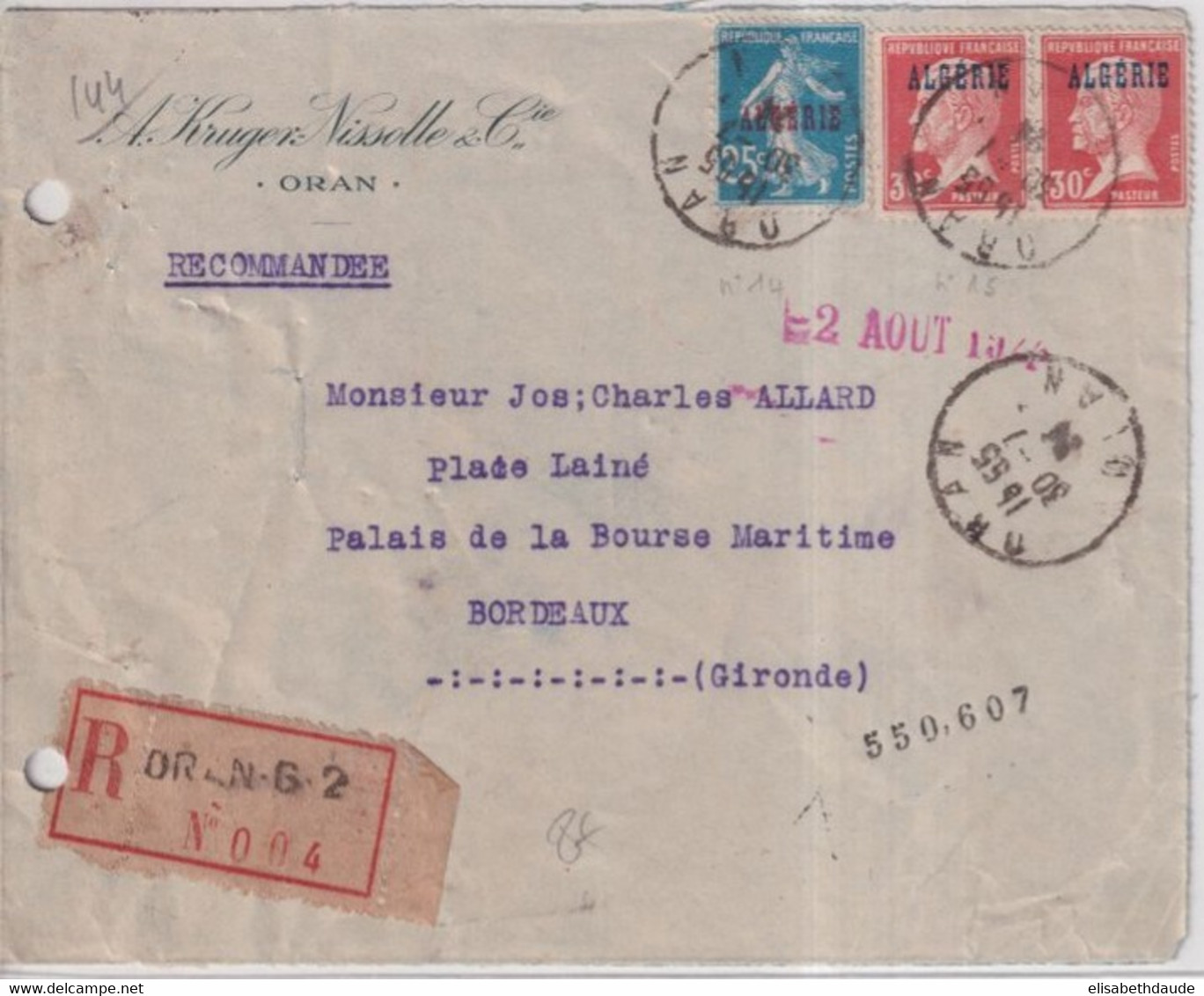 ALGERIE - 1924 - SEMEUSE + PASTEUR SURCHARGES ! - ENVELOPPE RECOMMANDEE ! De ORAN => BORDEAUX - Lettres & Documents