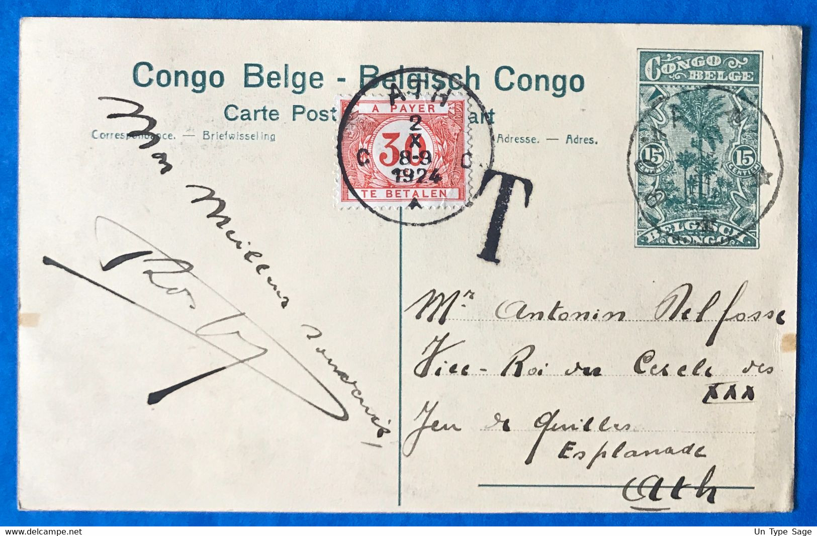 Congo Belge, Entier Taxé Pour Ath, Belgique 1924 - (B458) - Lettres & Documents