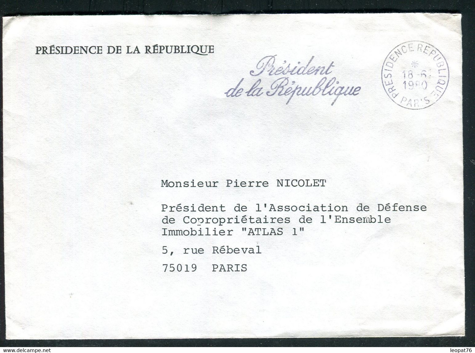 Enveloppe De La Présidence De La République Pour Paris En 1980 - J 72 - Civil Frank Covers