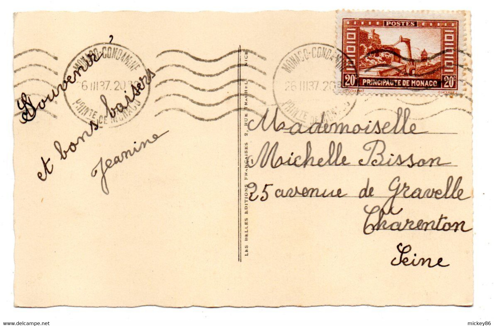 MONACO- 1937 - Timbre N° 120 Seul Sur Carte Postale MENTON...cachet  Krag Monaco Comdamine - Briefe U. Dokumente