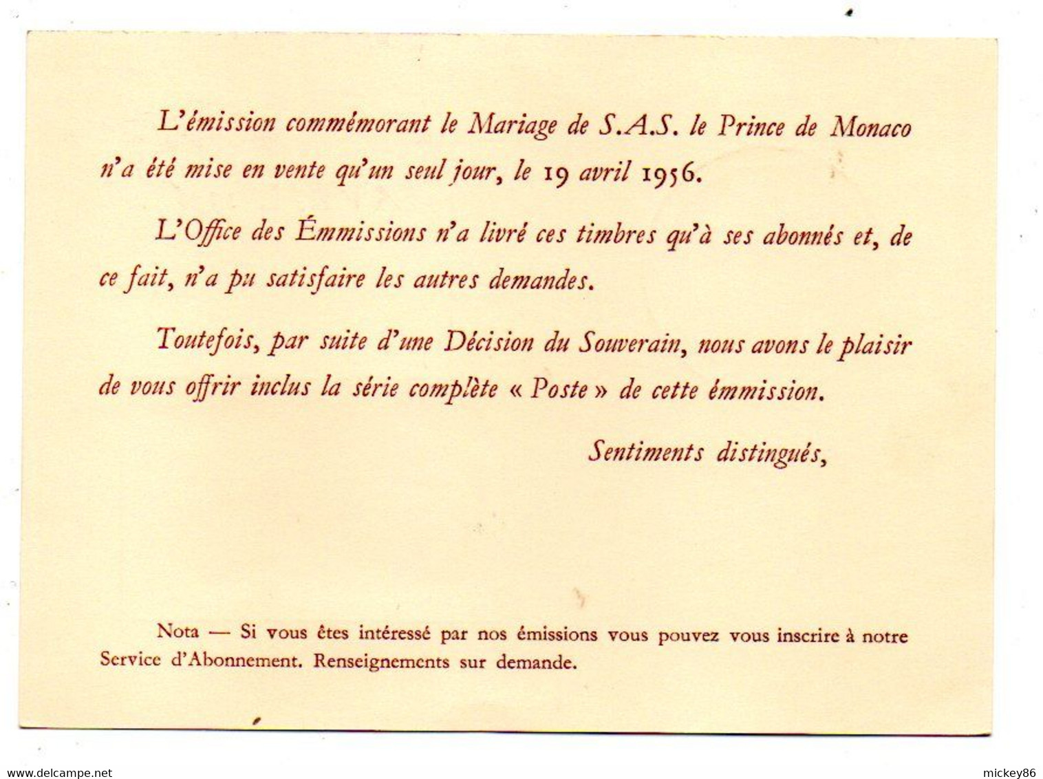 MONACO- 1956 - Lot De 2 Souvenirs Philatéliques Sur Carte ..cachet  MONACO  --19 Avril 1956 - Lettres & Documents