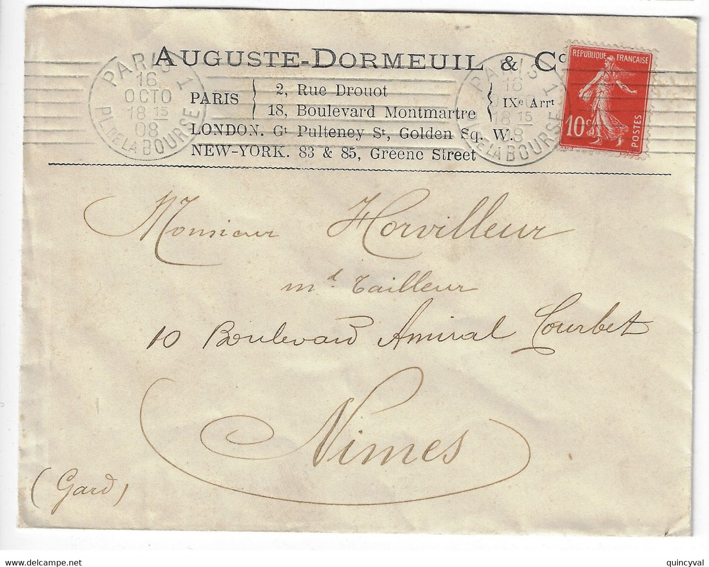 PARIS 1 Pl De La Bourse Lettre Entête AUGUSTE DORMEUIL 10c Semeuse Yv 138  Ob Meca Krag 7 Lignes Droites Inégales B00110 - Maschinenstempel (Sonstige)