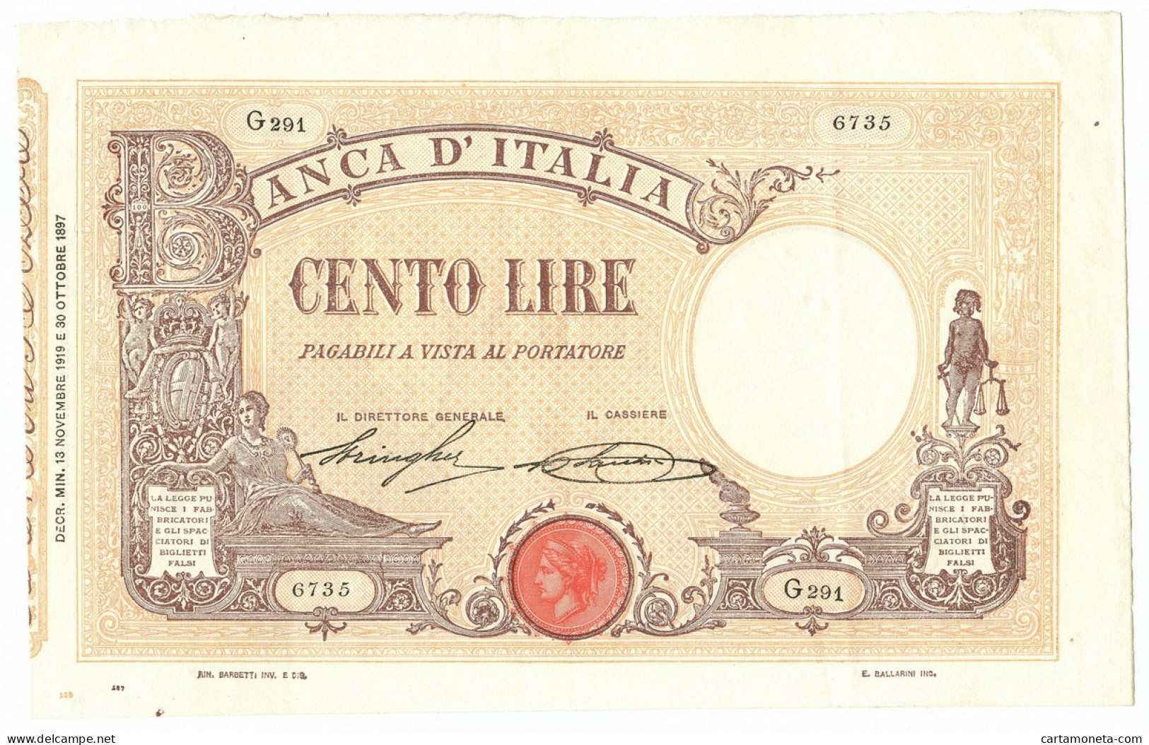 100 LIRE BARBETTI GRANDE B MATRICE LATERALE TESTINA DECRETO 13/11/1919 SPL+ - Regno D'Italia - Altri
