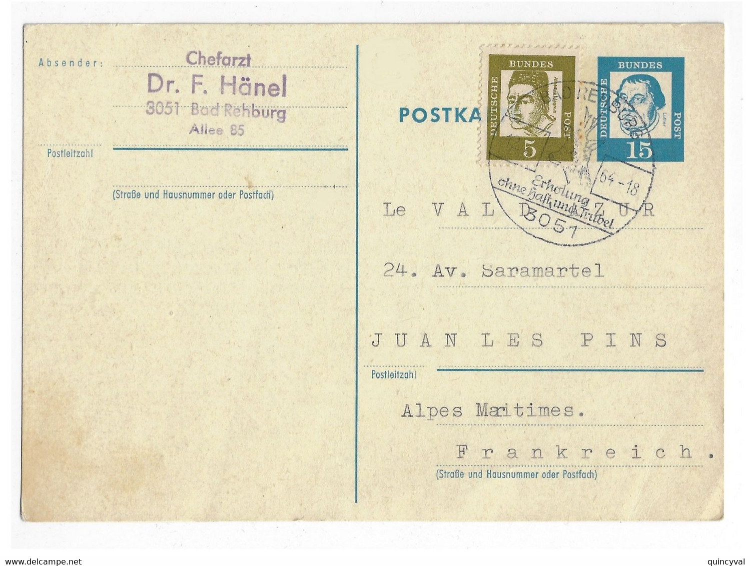 BAD REHBURG Post Card Drance Juan Les Pins  11  2 1964 Frankreich  Juan Les Pins - Postkarten - Gebraucht