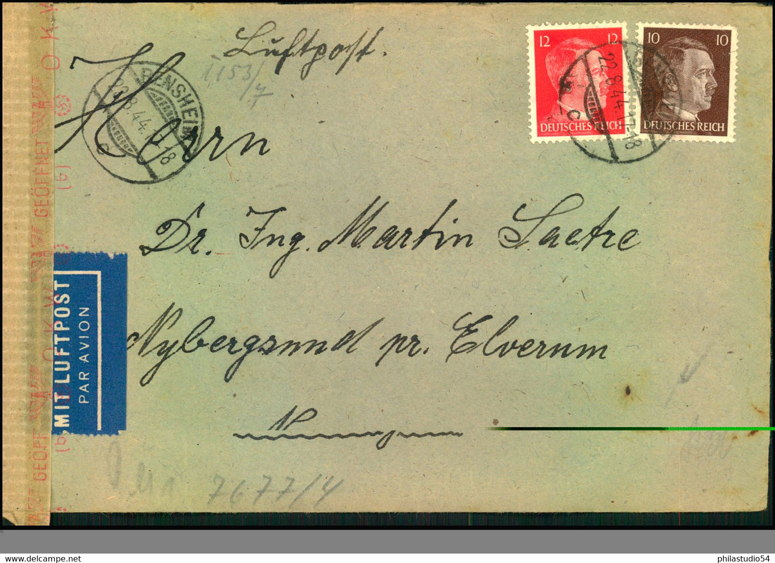 1944, Luftpostbrief Mit 22 Pfg. Hitlrt - Frankatur Ab BERNSHEIN Nach Norwegen. - Sonstige & Ohne Zuordnung