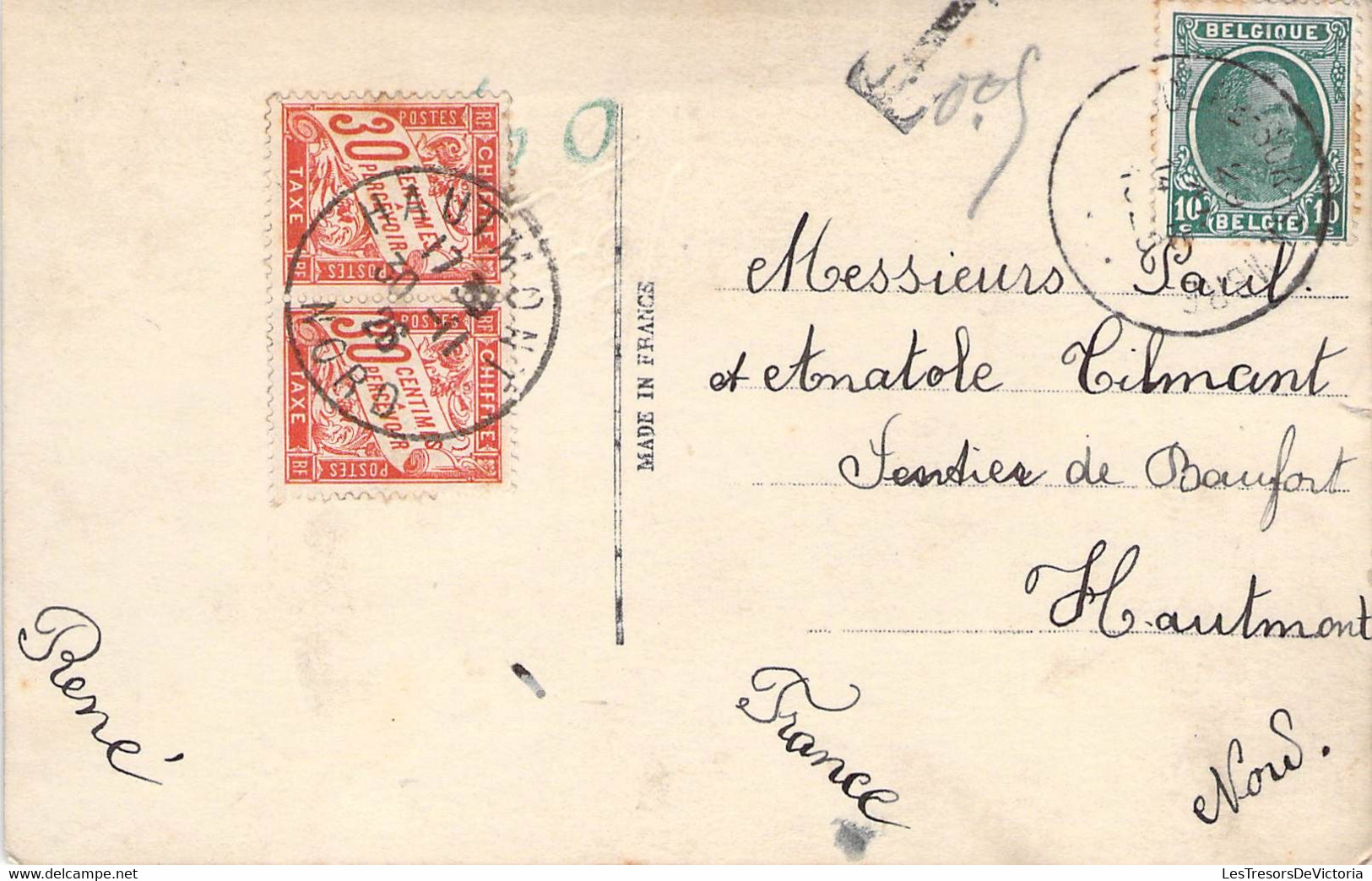 Timbre Taxe Francais 30c X2 Sur Carte Affranchie Avec Timbre Belge 10c Sur CPA Vive Saint Eloi - 1859-1959 Lettres & Documents
