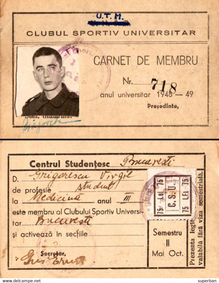 CLUBUL SPORTIV UNIVERSITAR / UNIVERSITY SPORTS CLUB - CARTE De MEMBRE / ID - TIMBRE : 1948 - CINDERELLA - RRR ! (aj832) - Fiscali