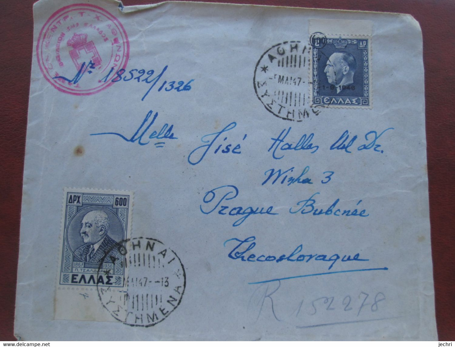 Lettre De Grece Vers Pragues Rep Tcheque 1947, Poste Aerienne  2 Timbres - Cartas & Documentos