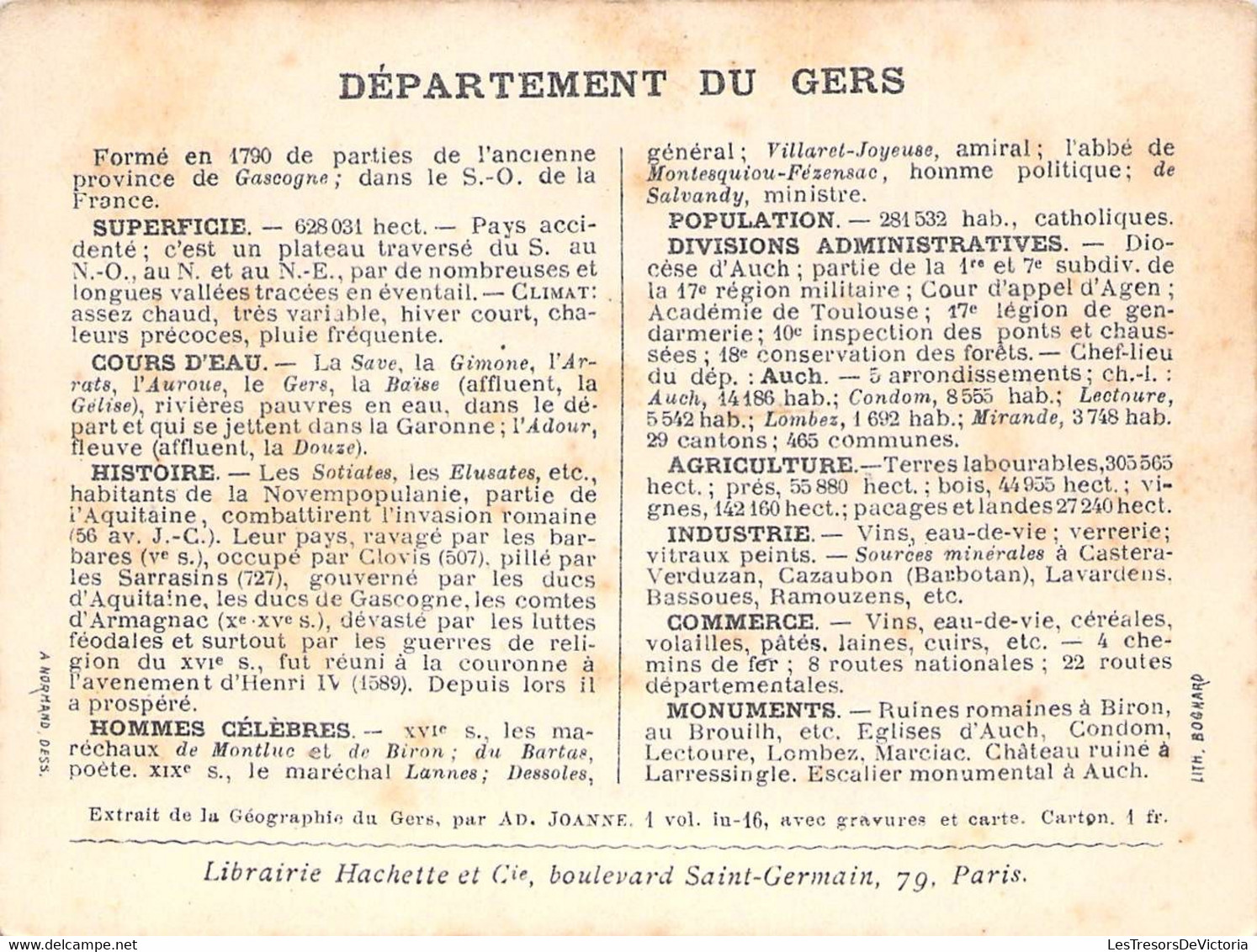 DEPARTEMENT DU GERS - LIBRAIRIE HACHETTE LITHOGRAPHIE BOGMARD - 11x8.5cm - Other & Unclassified