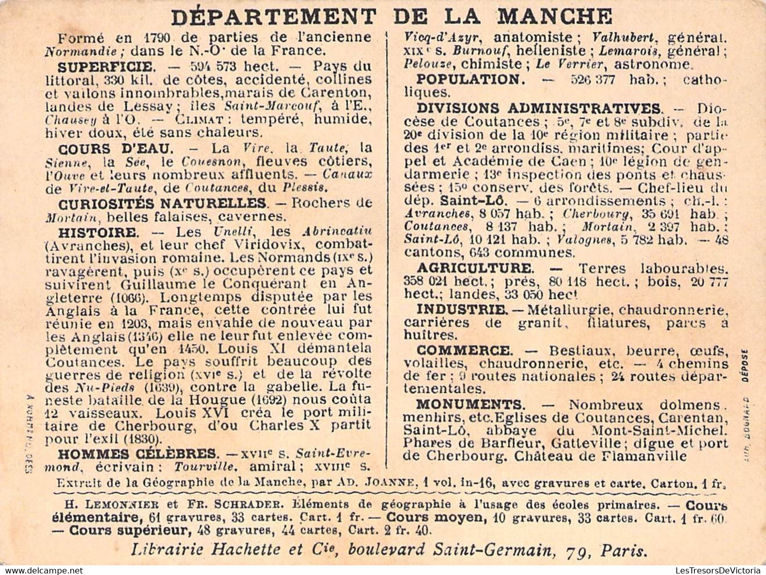 DEPARTEMENT DE LA MANCHE - LIBRAIRIE HACHETTE LITHOGRAPHIE BOGMARD - 11x8.5cm - Autres & Non Classés