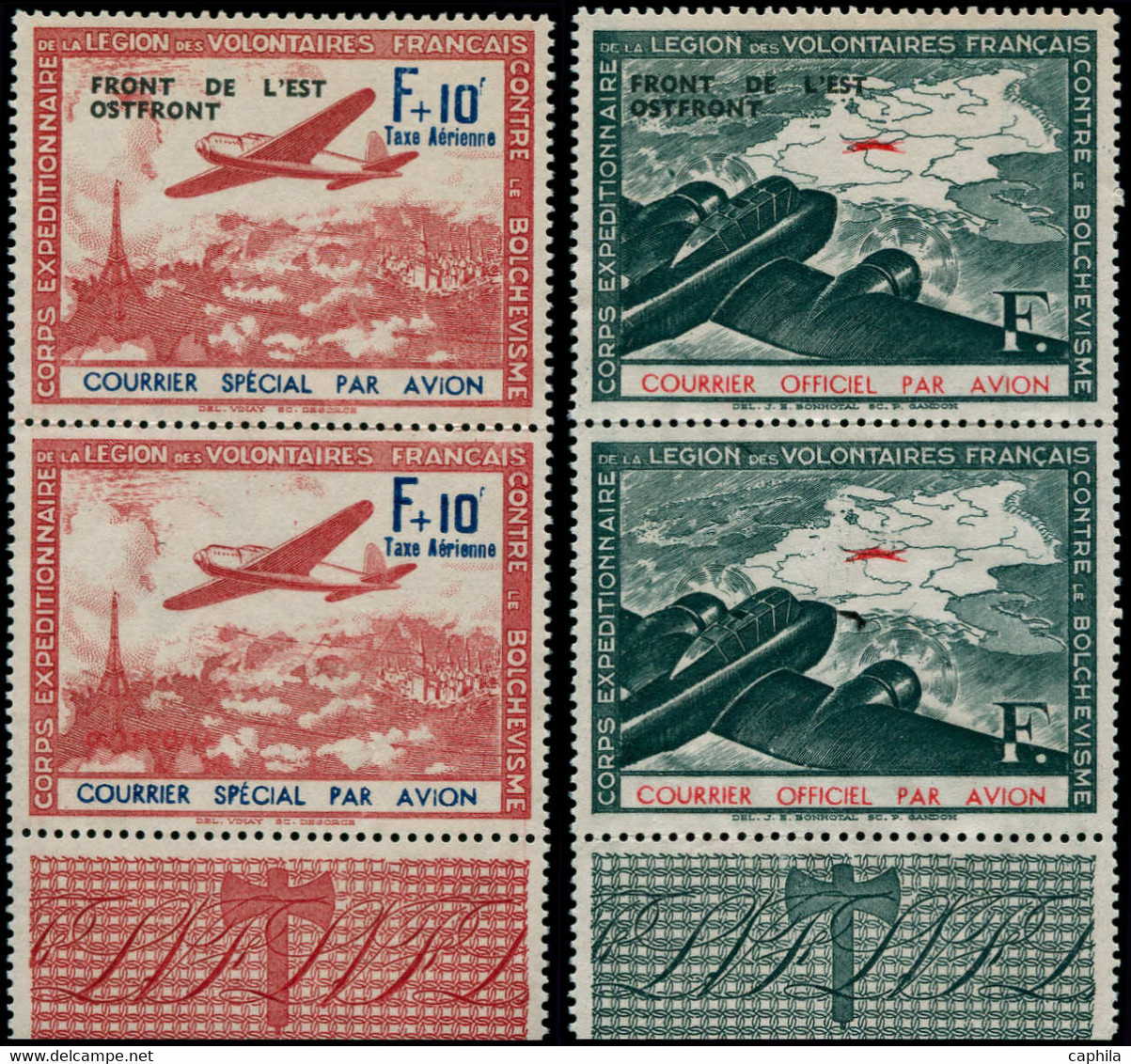 FRANCE Guerre LVF (*) - 4/5, 2 Paires Surchargées Tenant à Non Surchargées, Bdf (Spink) - Cote: 650 - War Stamps