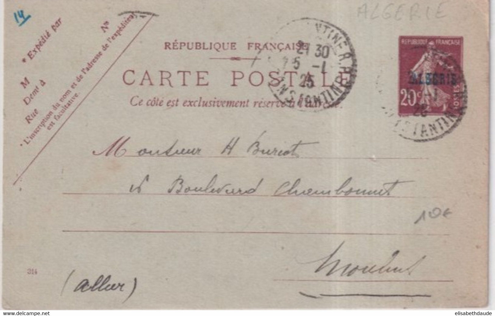 ALGERIE - 1925 - SEMEUSE SURCHARGEE ! - CARTE ENTIER De CONSTANTINE => MOULINS - Brieven En Documenten