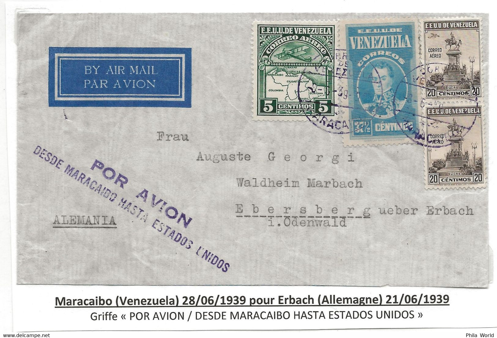 VENEZUELA 1939 Air Mail Cover To GERMANY Cachet POR AVION / DESDE MARACAIBO HASTA ESTADOS UNIDOS - Aviones