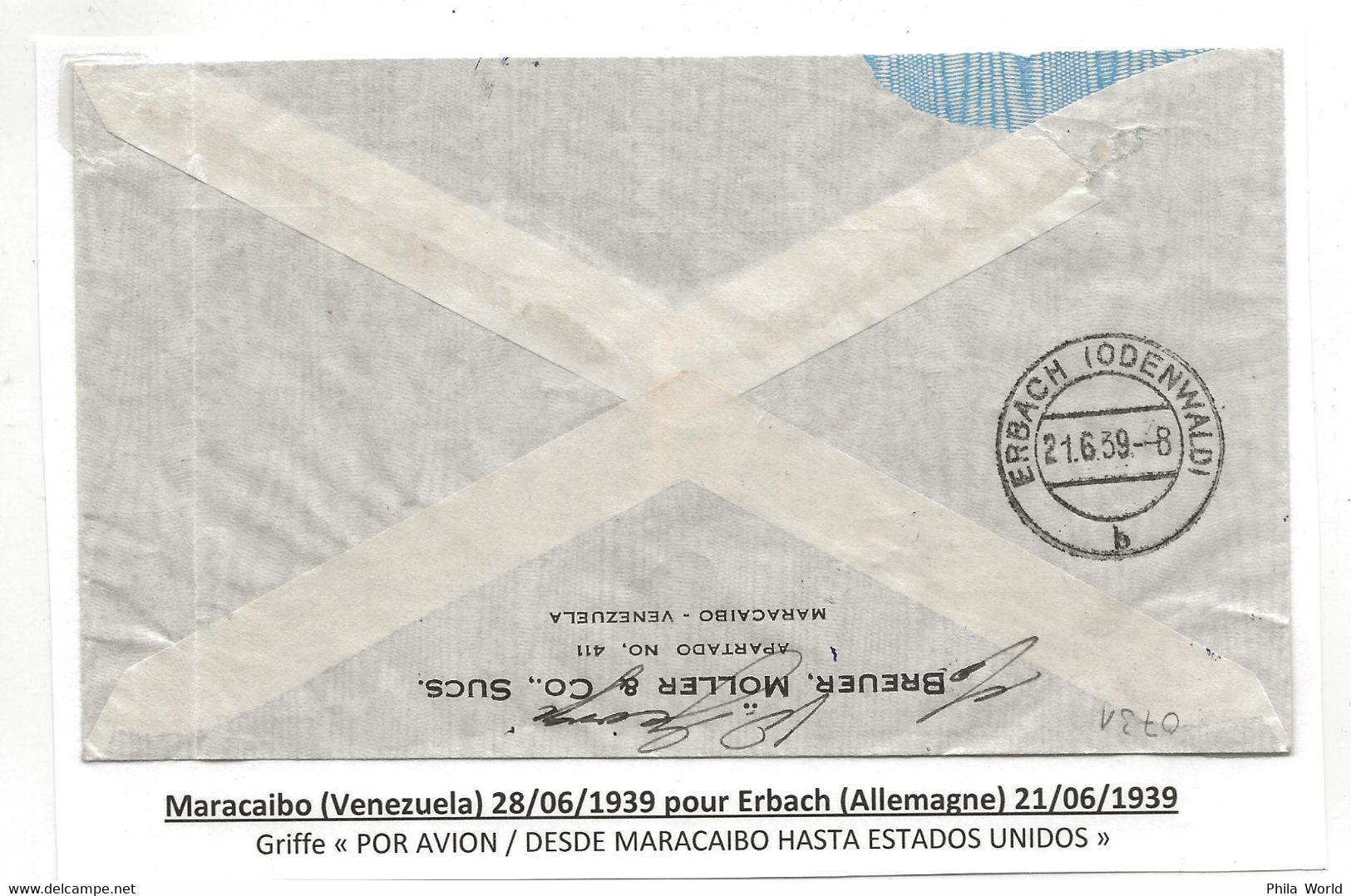 VENEZUELA 1939 Air Mail Cover To GERMANY Cachet POR AVION / DESDE MARACAIBO HASTA ESTADOS UNIDOS - Avions