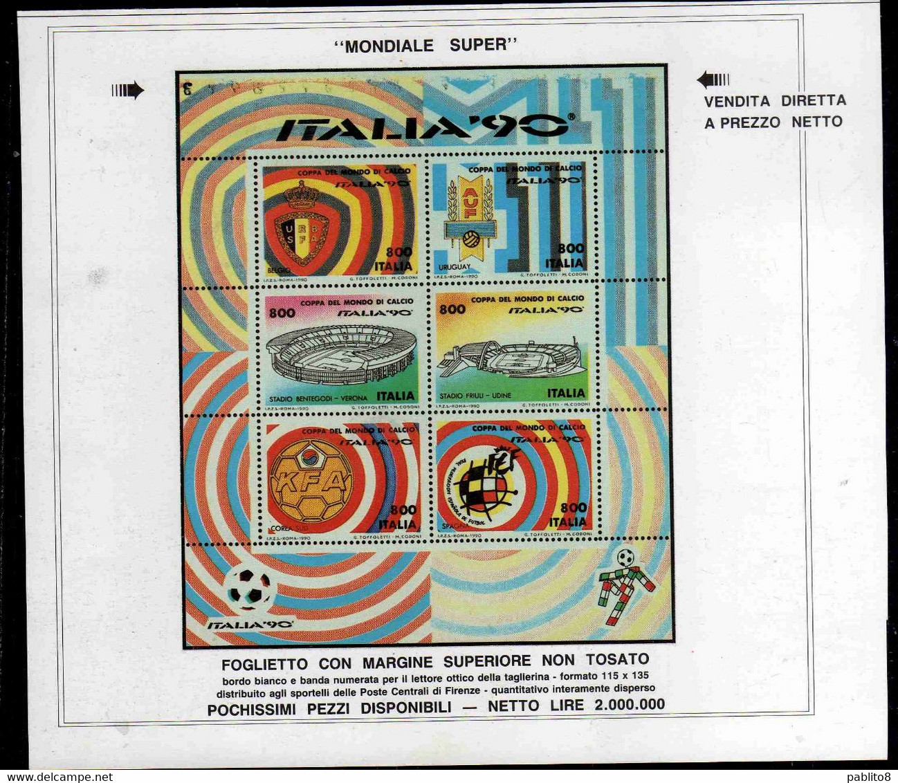 ITALIA ITALY 1990 RARA VARIETÀ VARIETY COPPA DEL MONDO DI CALCIO90 WORLD SOCCER CUP LIRE 800 FOGLIETTO SHEET MNH - Blocks & Kleinbögen