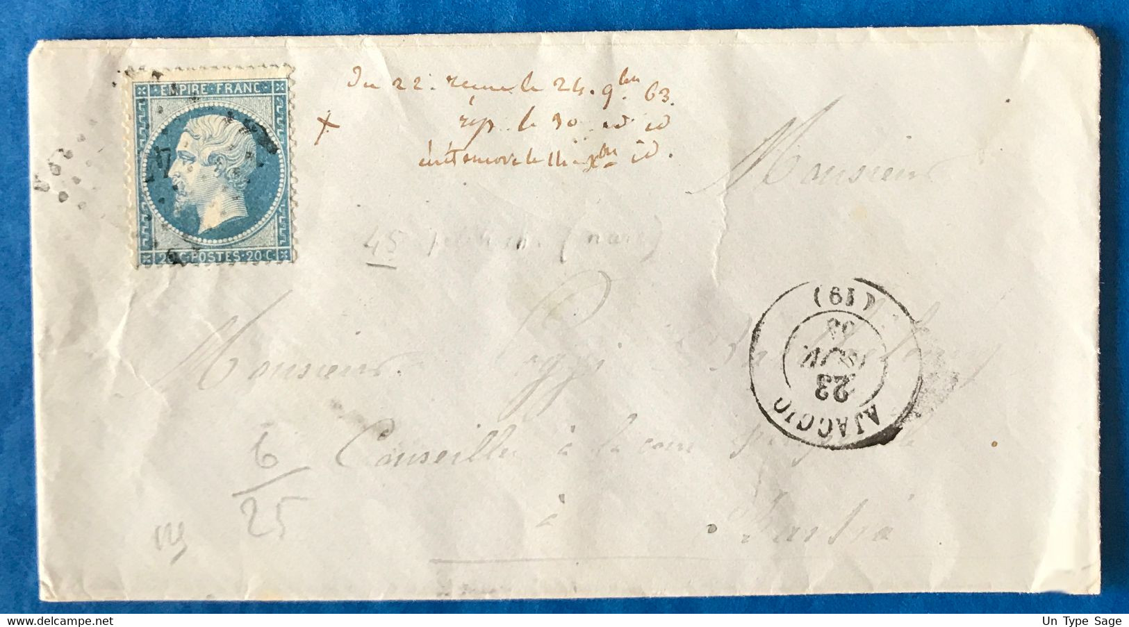 France N°22 Sur Enveloppe TAD AJACCIO 23.9.1863 + GC45 - (A081) - 1849-1876: Klassik