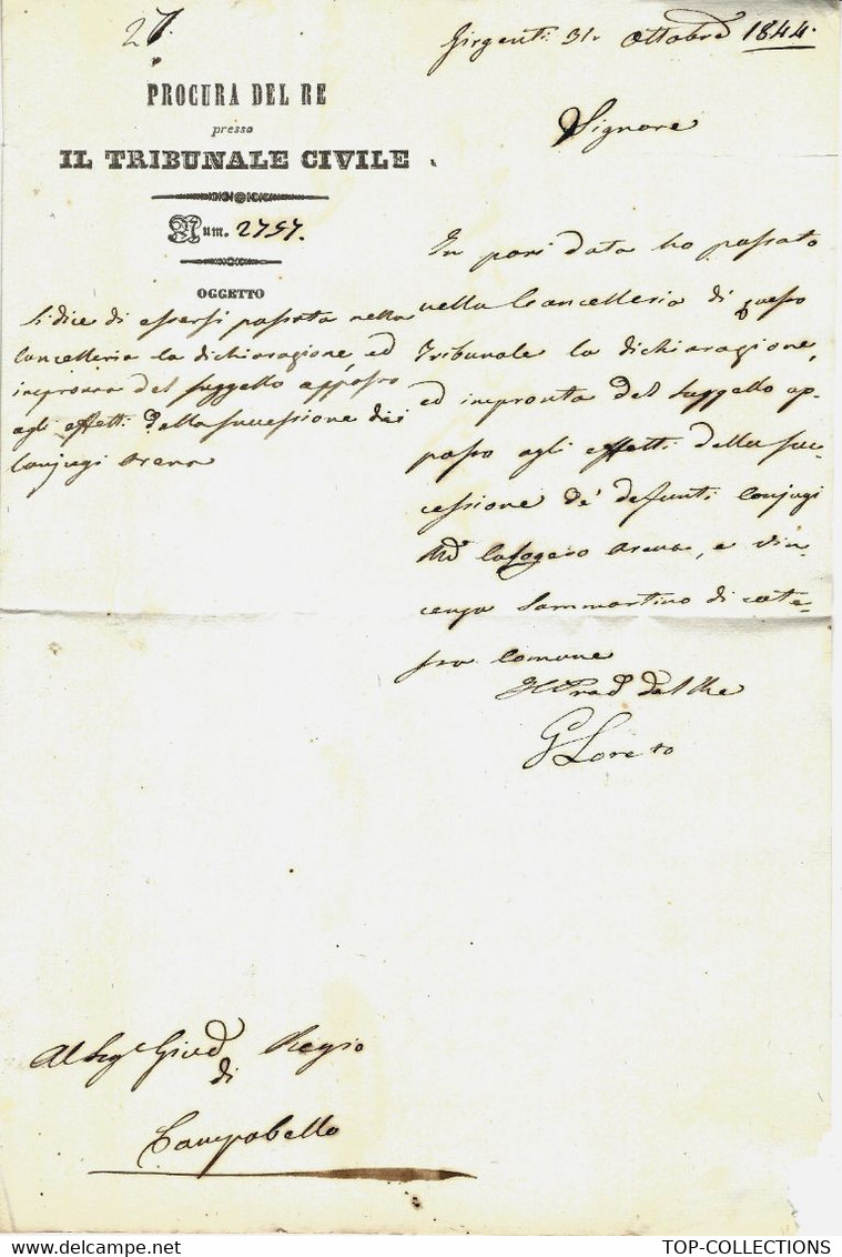 1844  LETTRE OFFICIELLE  ENTETE PROCURA DEL TRIBUNAL VALLE DI GIRGENTIL SICILE  CACHET  « GIRGENTI » AGRIMENTE SICILE