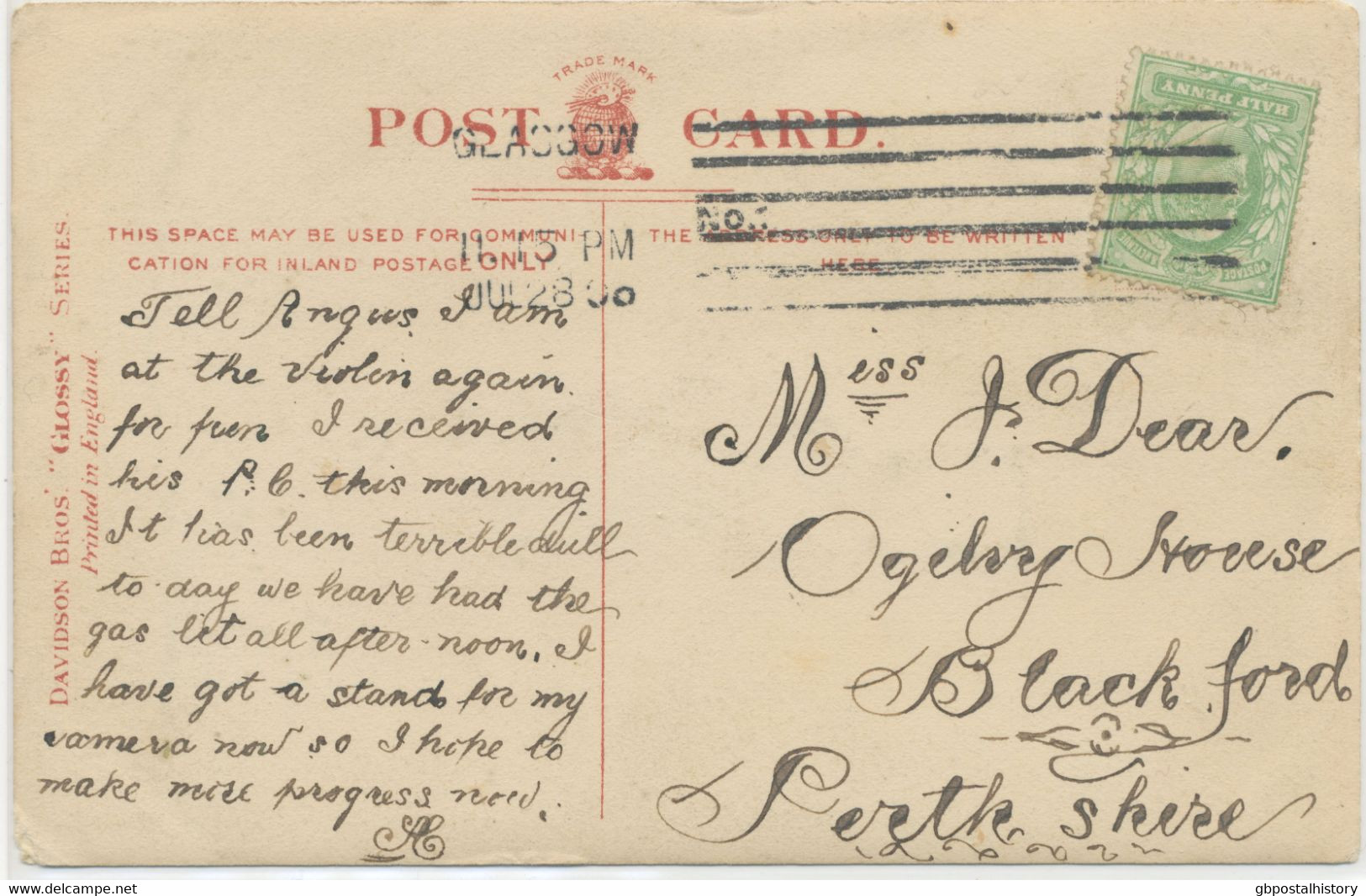 GB „GLASGOW No.1“ Columbia Machine Postmark On Very Fine RP Coloured Postcard (Miss Camille Clifford) To BLACKFORD, 1906 - Lettres & Documents