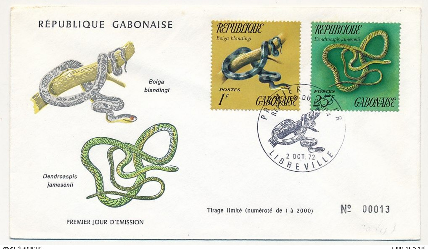 GABON => 3 Env FDC => 6 Valeurs Serpents - 2 Octobre 1972 - Libreville - Gabon (1960-...)