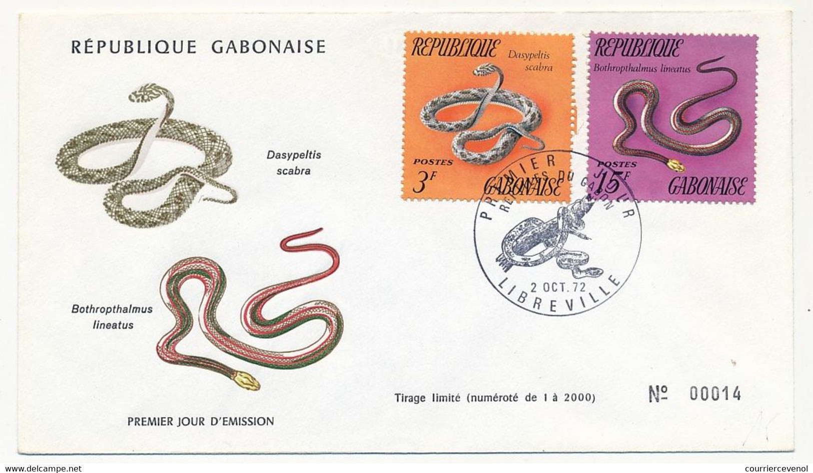 GABON => 3 Env FDC => 6 Valeurs Serpents - 2 Octobre 1972 - Libreville - Gabon (1960-...)