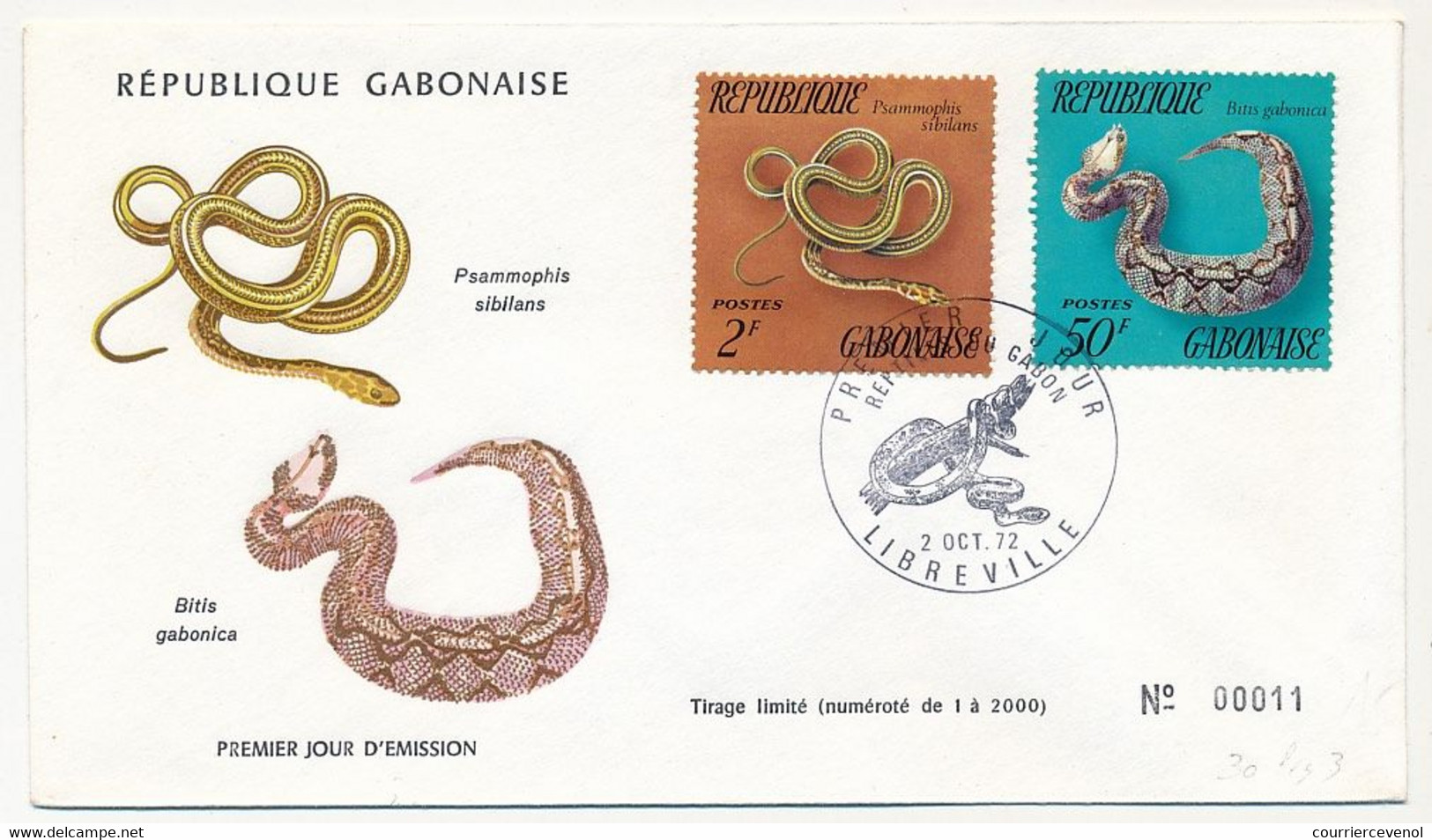 GABON => 3 Env FDC => 6 Valeurs Serpents - 2 Octobre 1972 - Libreville - Gabun (1960-...)