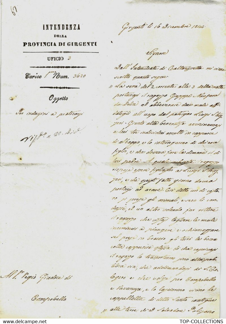 1844  LETTRE OFFICIELLE  E INTENDENZA DELLA PROVINCIA DE GIRGENTI  DI GIRGENTIL CACHET  « GIRGENTI » AGRIMENTE SICILE - 1. ...-1850 Vorphilatelie