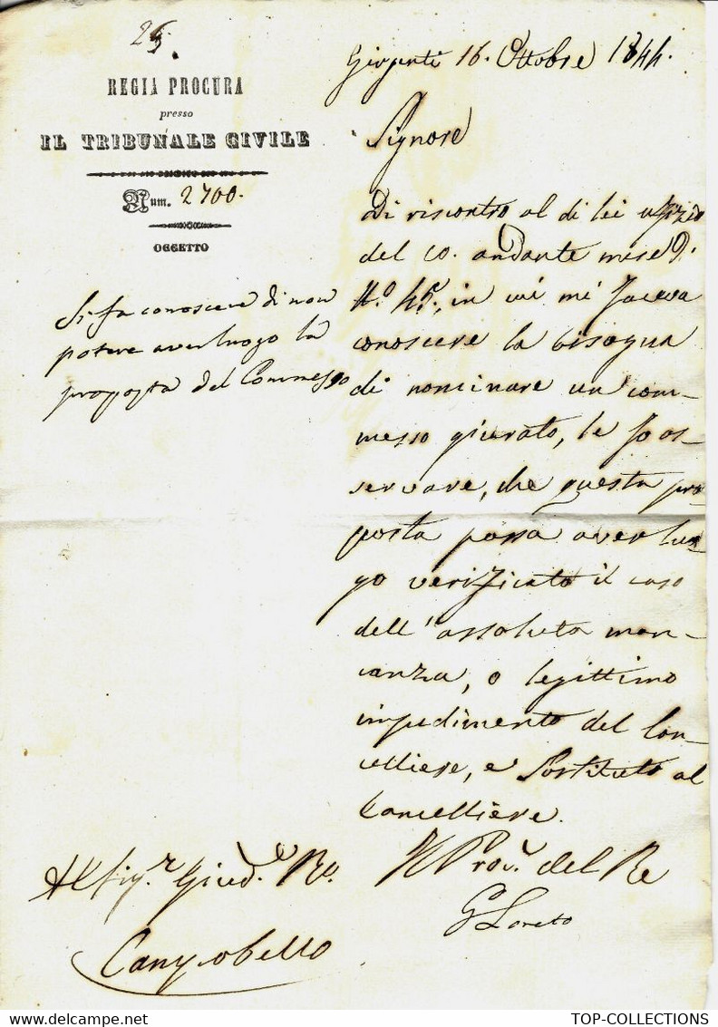 1844  LETTRE OFFICIELLE  ENTETE REGIA PROCURA IL TRIBUNAL CIVILE DEIL VALLE DI GIRGENTI  CACHET  « GIRGENTI » AGRIMENTE - 1. ...-1850 Vorphilatelie