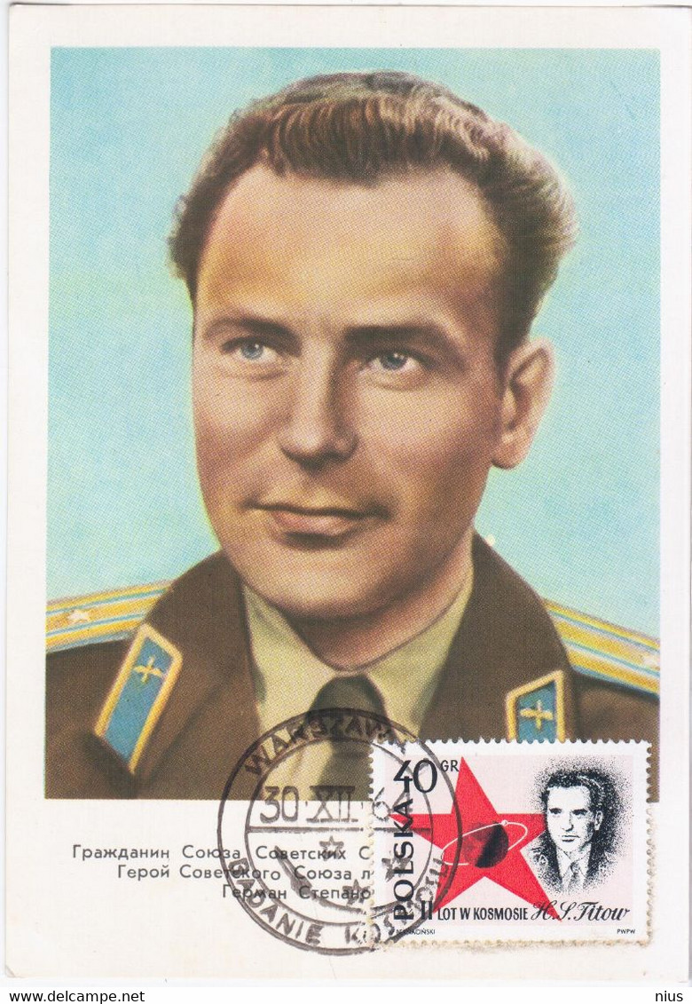 Poland Polska 1964 Cosmonaut Astronaut Titov, Pace Cosmos Rocket Missile, Canceled In Warszawa, Post Card USSR 1961 - Maximumkaarten