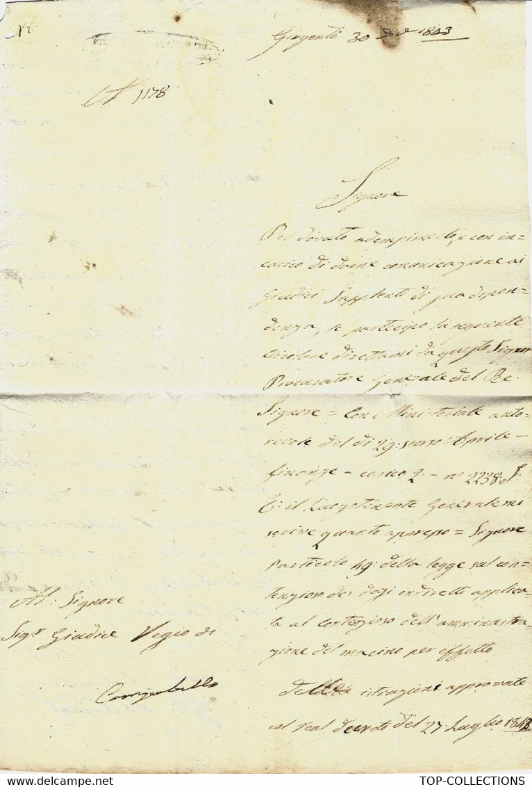 1843 LETTRE OFFICIELLE  ENTETE  TRIBUNAL DE  GIRGENTI  (AGRIGENTE) Sicile Pour Campobello  SICILE - ...-1850 Préphilatélie