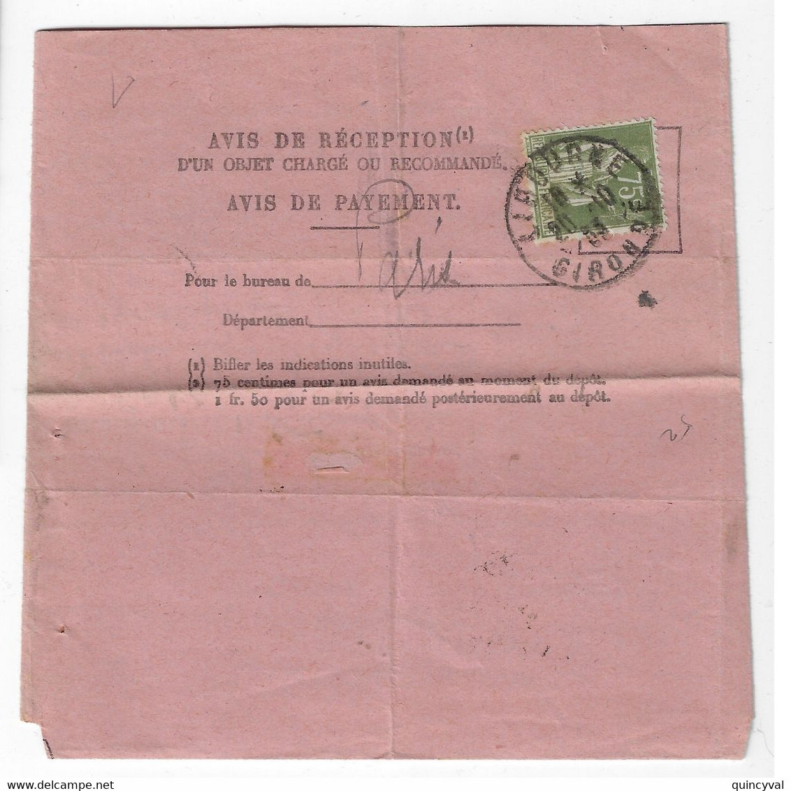 LIBOURNE Gironde Avis Réception Lettre Recommandée 75c Paix Vert Yv 284A Ob 1933 Arrivée Paris 96 Ob Type Pneumatique - Briefe U. Dokumente