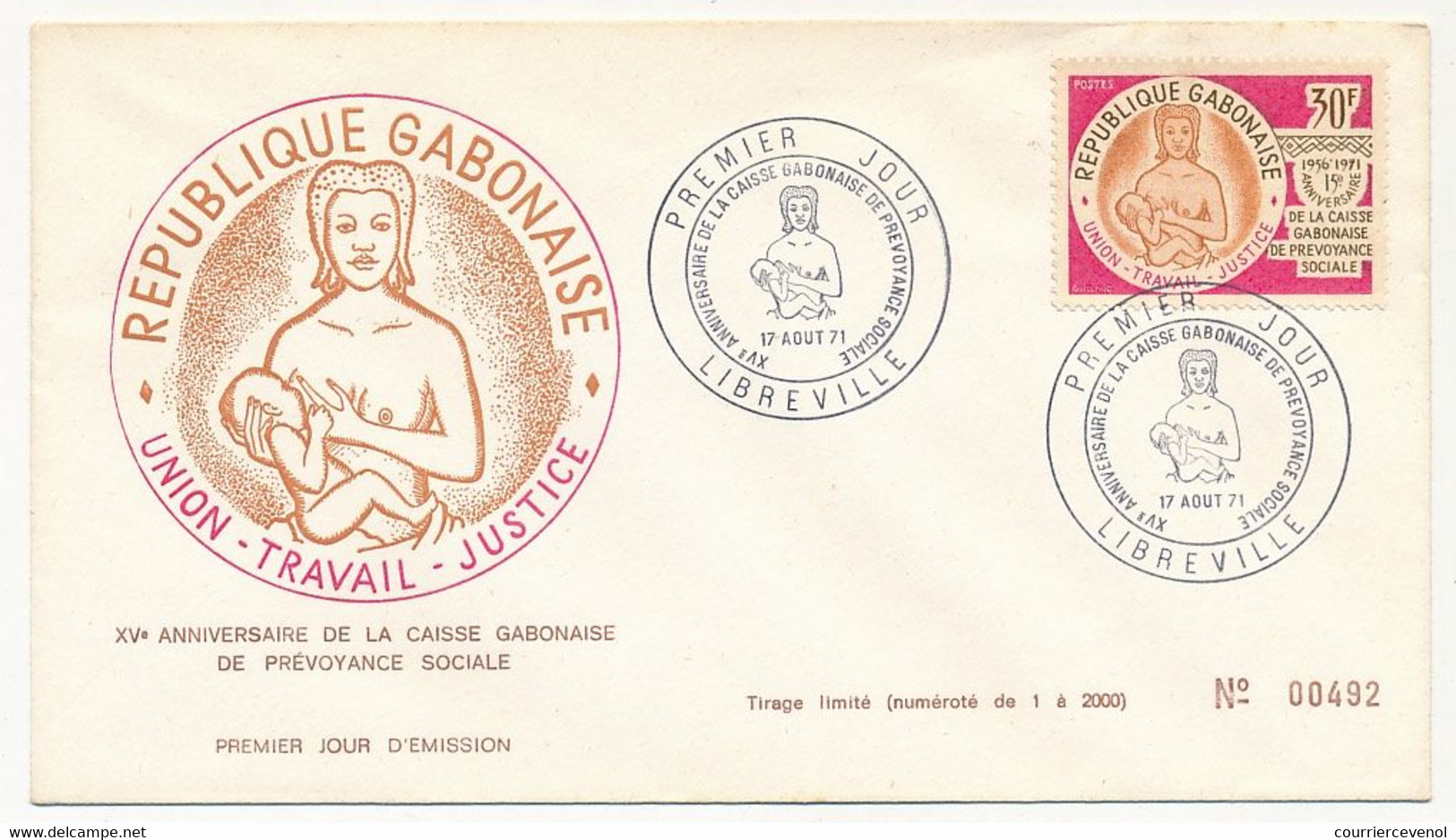 GABON => Env FDC => 30F Anniversaire Caisse Gabonaise De Prévoyance Sociale - 17 Aout 1971 - Libreville - Gabon