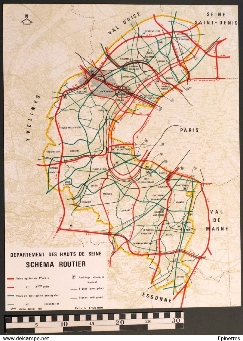 Plan Du SCHEMA ROUTIER Du Département Des Hauts-de-Seine, 5e édition, Janvier 1971  Echelle 1/50.000e. 54x42cm, TBE - Europe