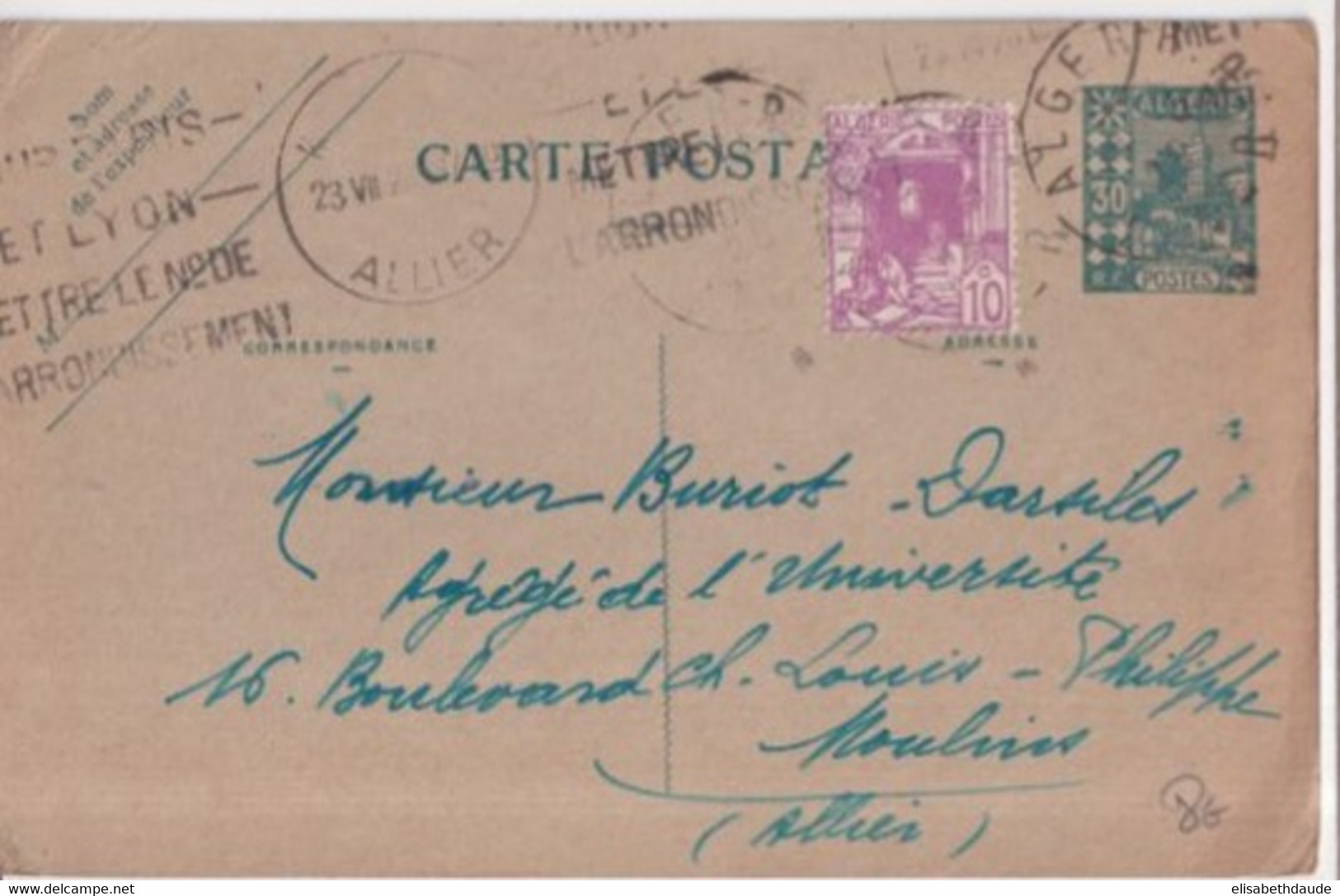 ALGERIE - 1928 - CARTE ENTIER POSTAL De ALGER => MOULINS - Briefe U. Dokumente