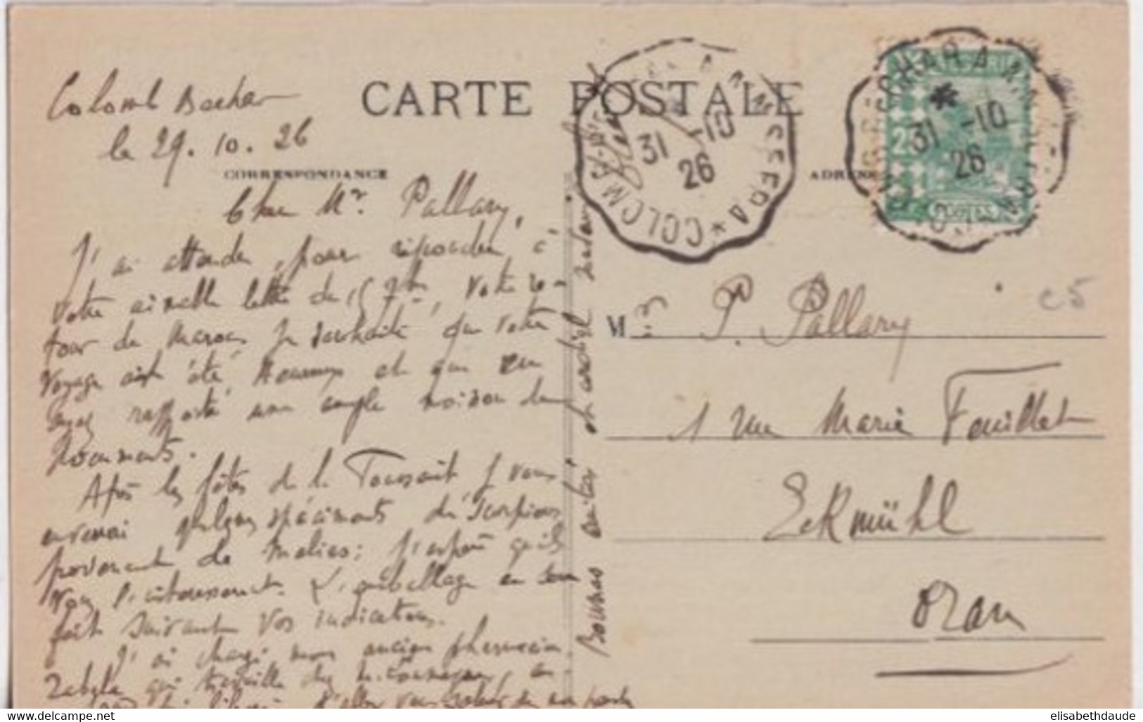 ALGERIE - 1926 - CONVOYEUR COLOMB-BECHAR à AÏN SEFRA - CARTE => ECKMÜHL (ORAN) - Storia Postale